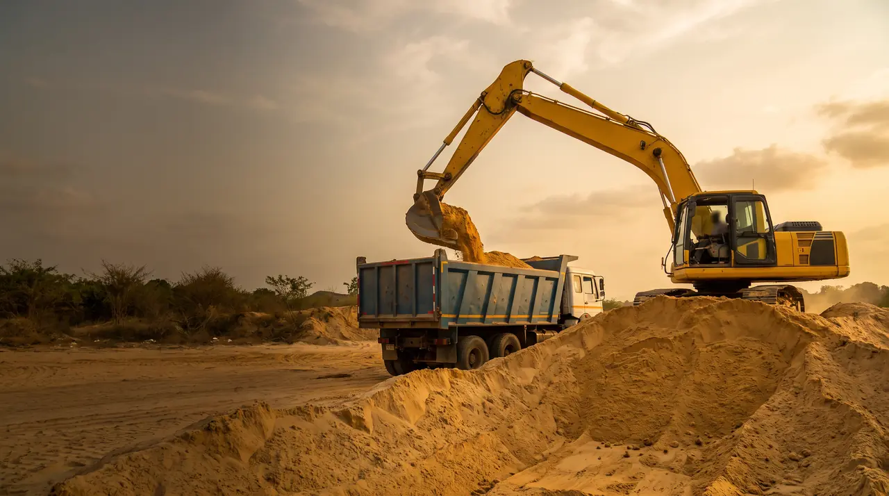 A yellow excavator loading sand into a blue tipper truck beside a large sand stockpile at sunset