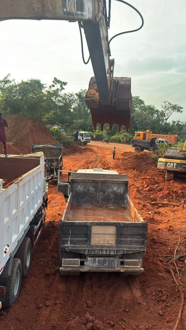 A tipper truck reversed under an excavator bucket on a red-earth site, with other trucks waiting behind